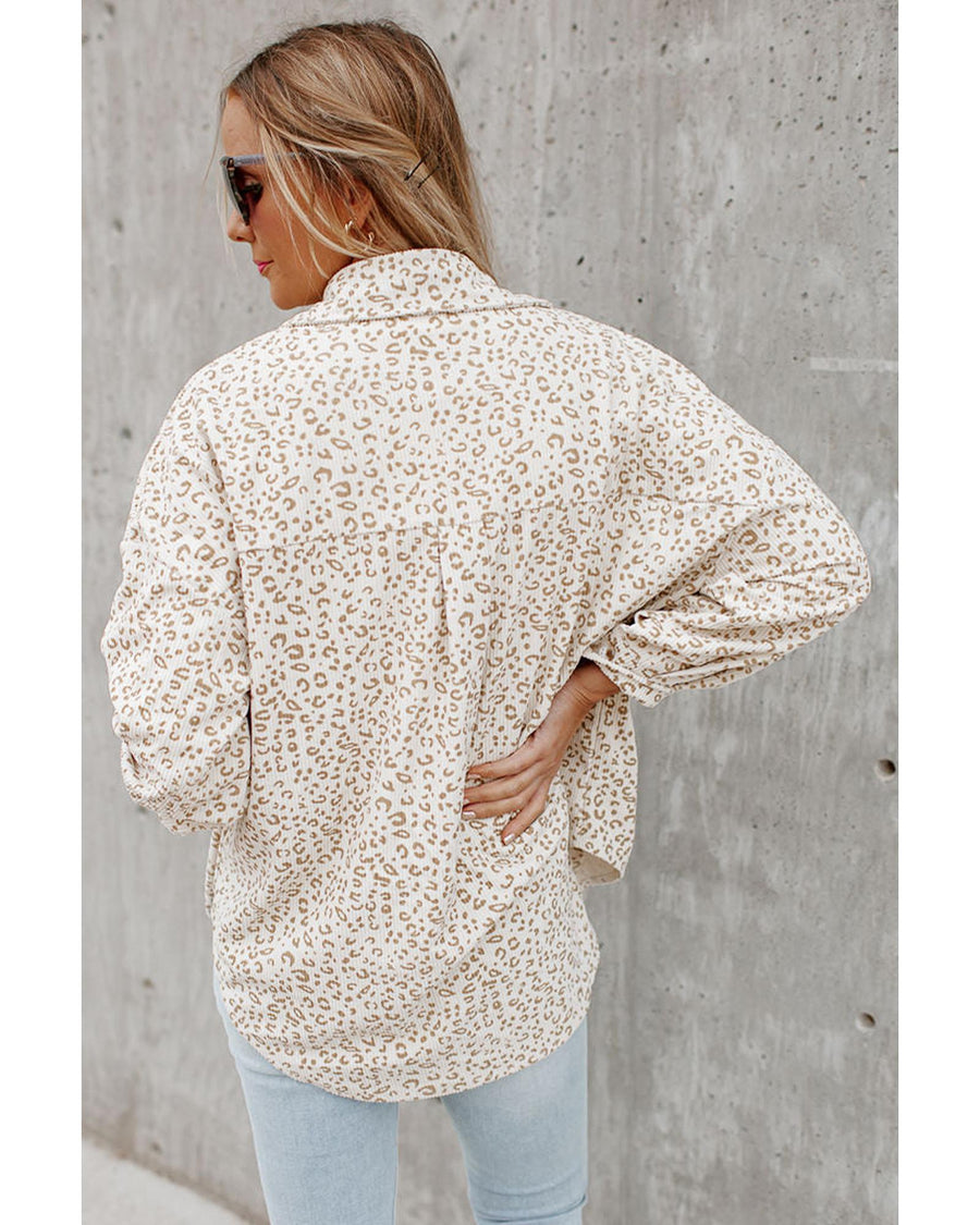 Beige Leopard Print Flap Pockets Buttoned Corduroy Shacket - XL
