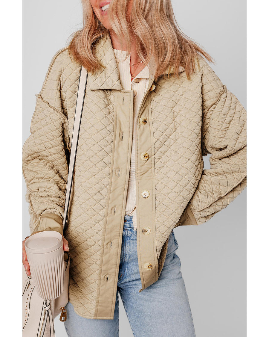 Jet Stream Solid Color Quilted Puffer Buttoned Shacket - L