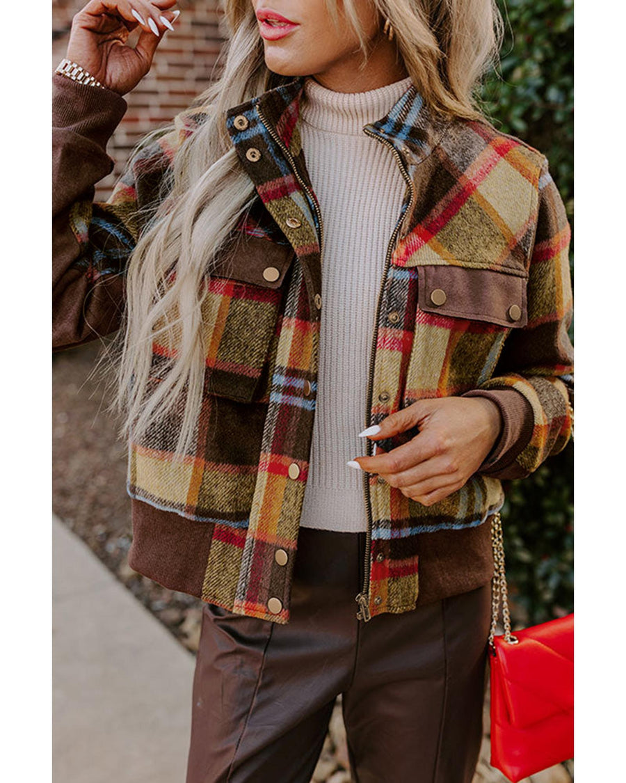 Brown Plaid Print Chest Pockets Button Zipper Stand Neck Jacket - S