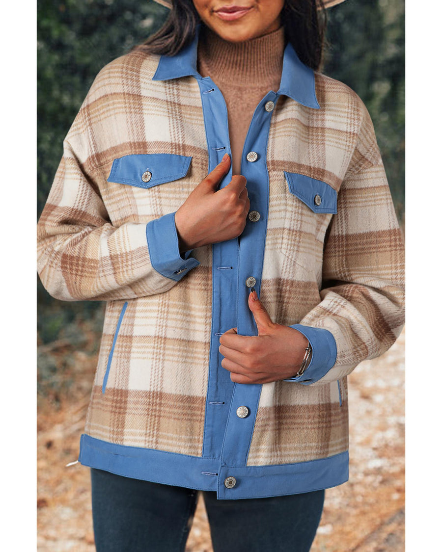 Light French Beige Plaid Patchwork Flap Detail Button Up Shacket - XL