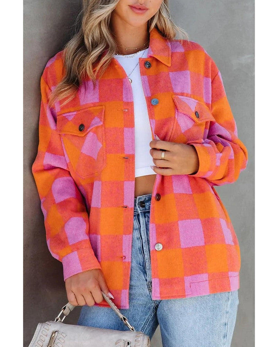 Orange Plaid Chest Pockets Button-up Turn Down Collar Jacket - M