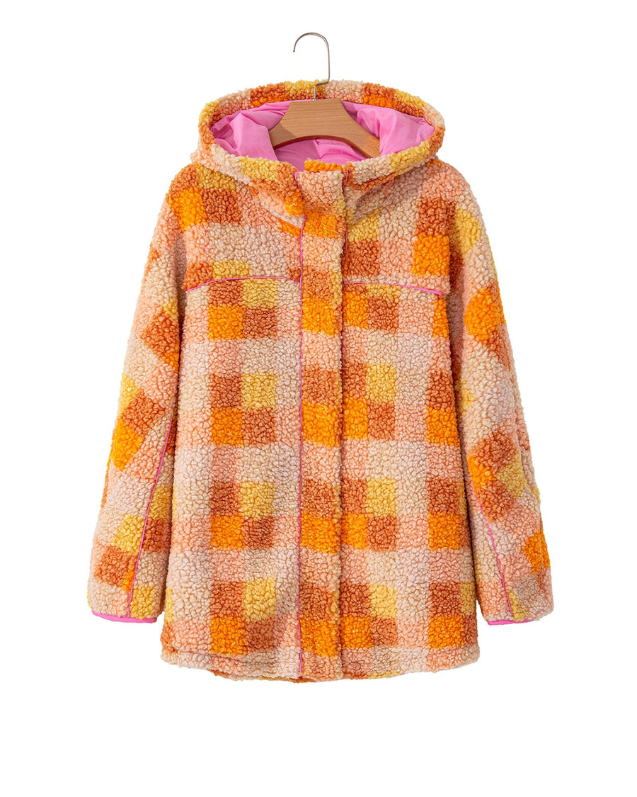 Orange Checkered Sherpa Hooded Jacket - XL