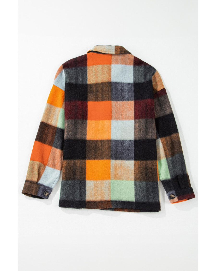 Orange Plaid Print Flap Pocket Long Jacket - S