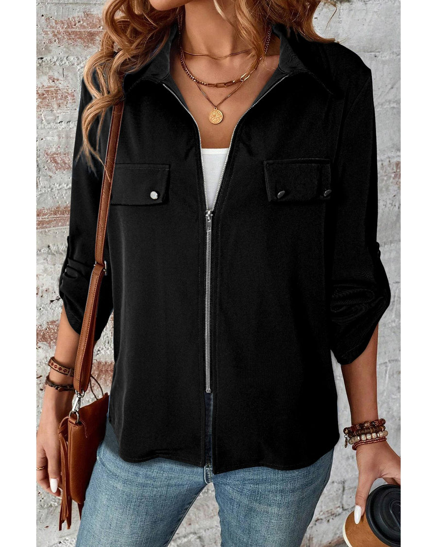 Black Collar Tab Sleeve Zip Up Flap Detail Jacket - XL
