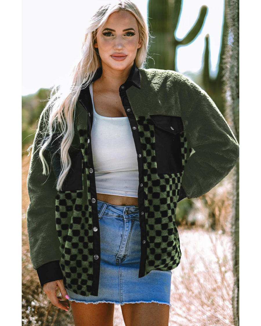 Vineyard Green Fleece Checkerboard Flap Pocket Snap Button Jacket - 2XL