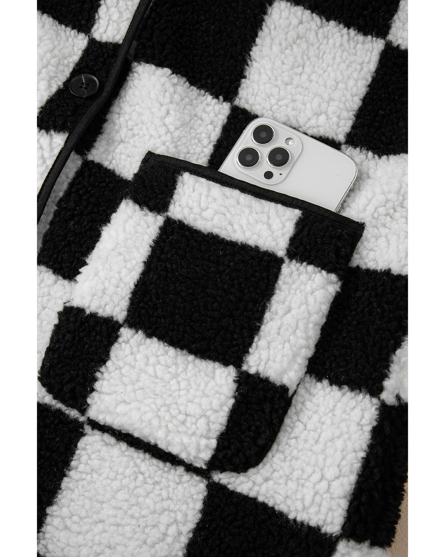 Black Checkered Side Pockets Collared Buttoned Fleece Jacket - 2XL