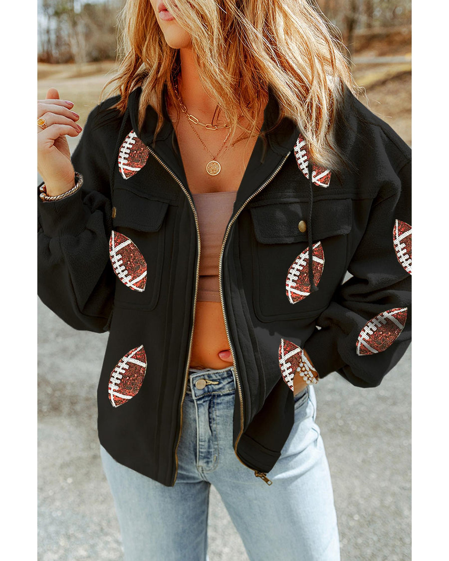 Black Sequined Rugby Football Pattern Pocketed Zipper Hooded Jacket - L