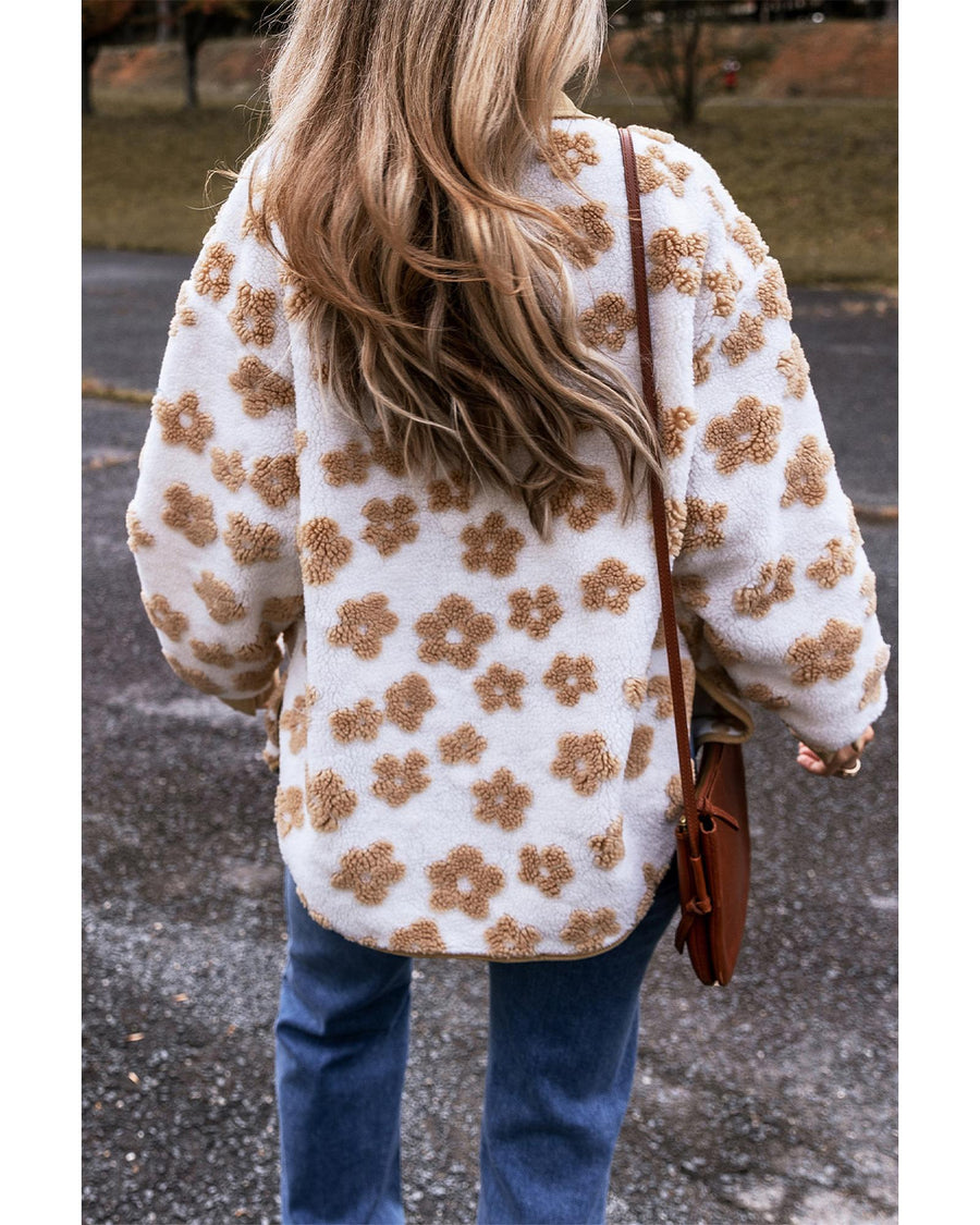 Light French Beige Cute Flower Pattern Button Up Fleece Jacket - S