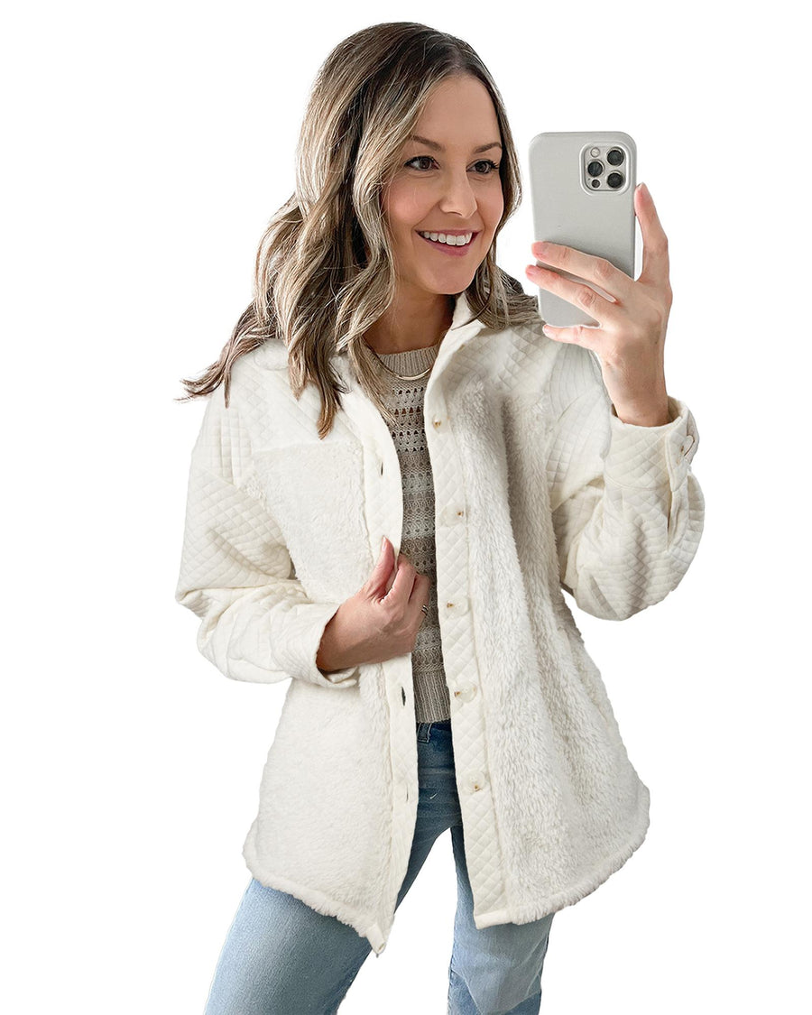 White Solid Color Quilted Sherpa Patchwork Button Up Shacket - S