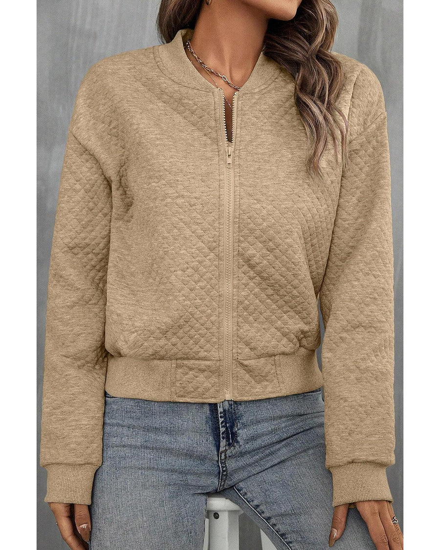 Pale Khaki Solid Geometric Textured Baseball Collar Jacket - L