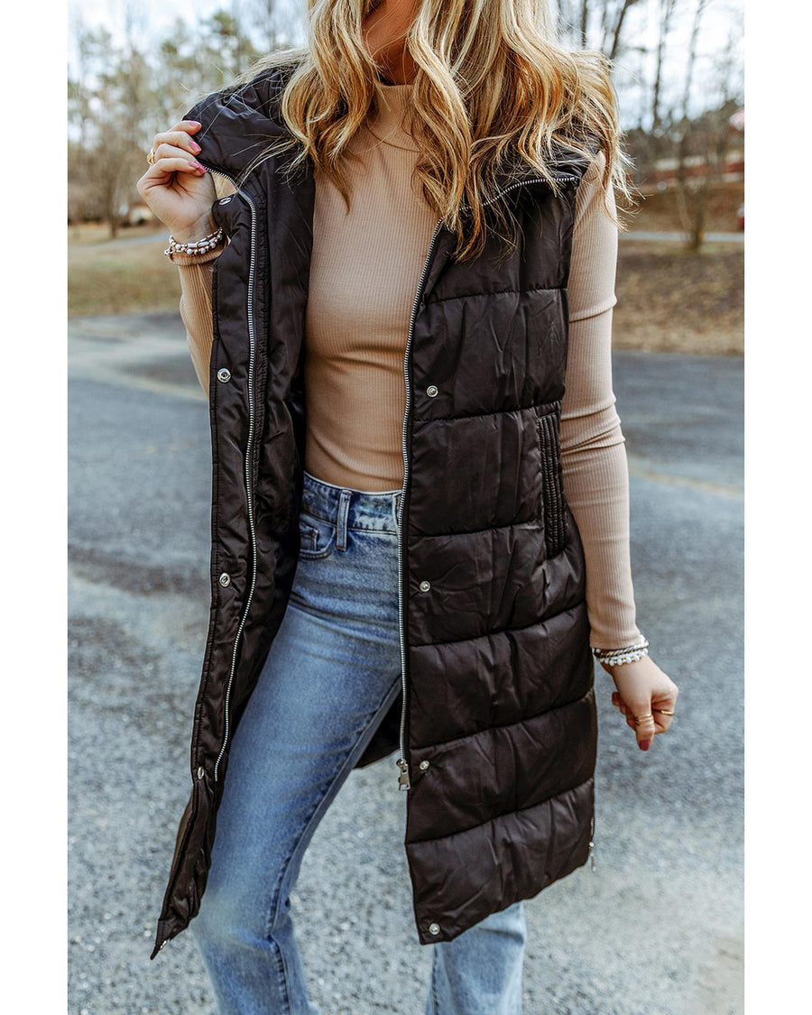 Black Hooded Long Quilted Vest Coat - M