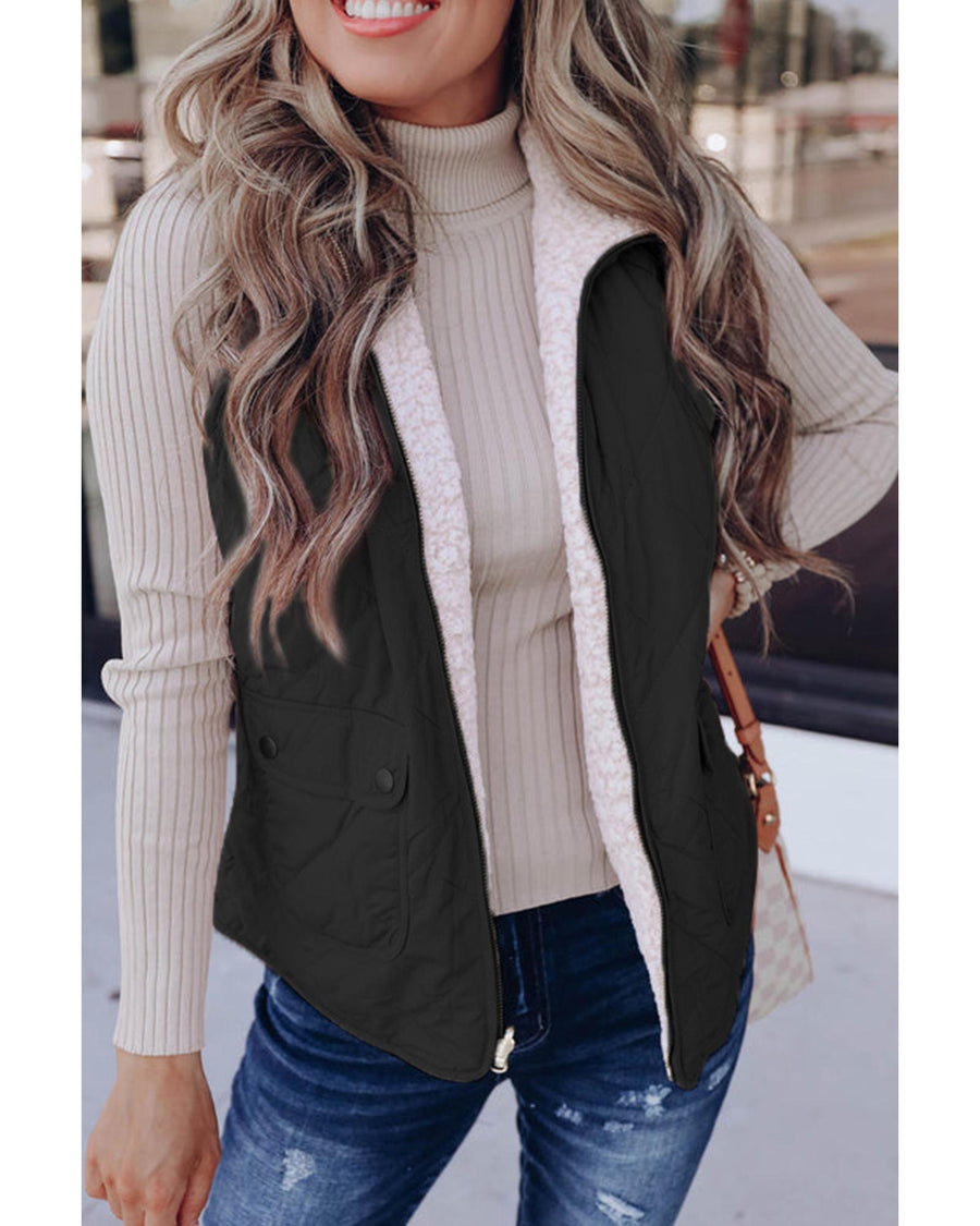 Black Fleece Lined Quilted Zip up Vest Coat - M