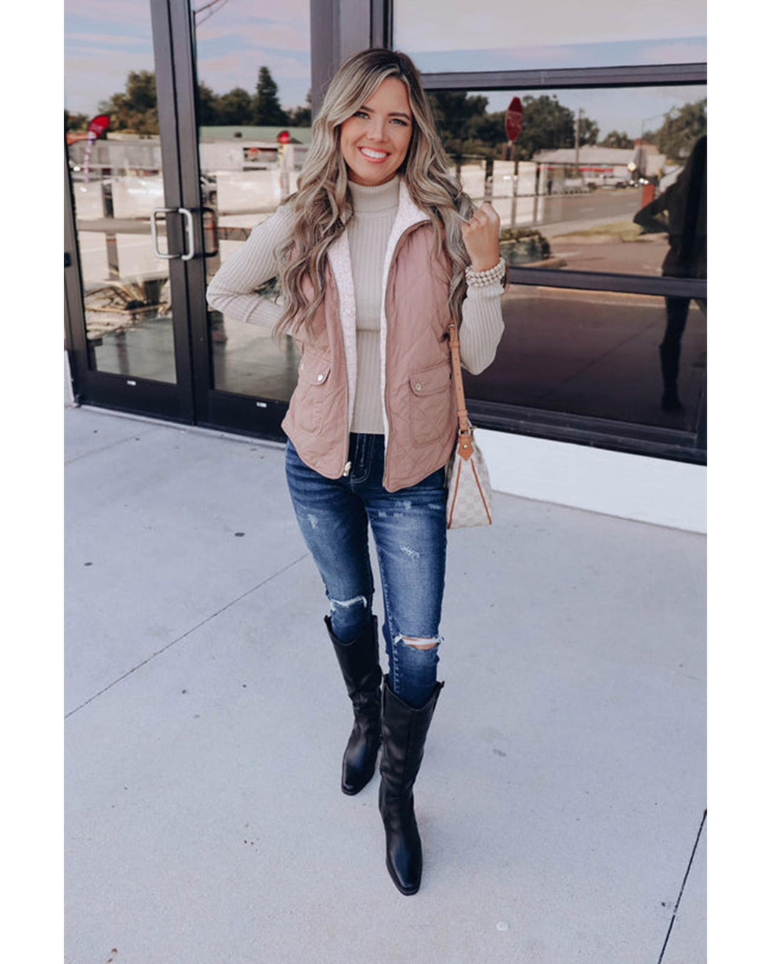Pink Fleece Lined Quilted Vest Coats - XL