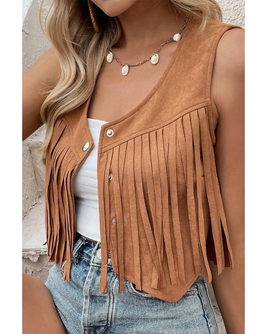 Camel Fringed Snap Button Front Suedette Vest - XL