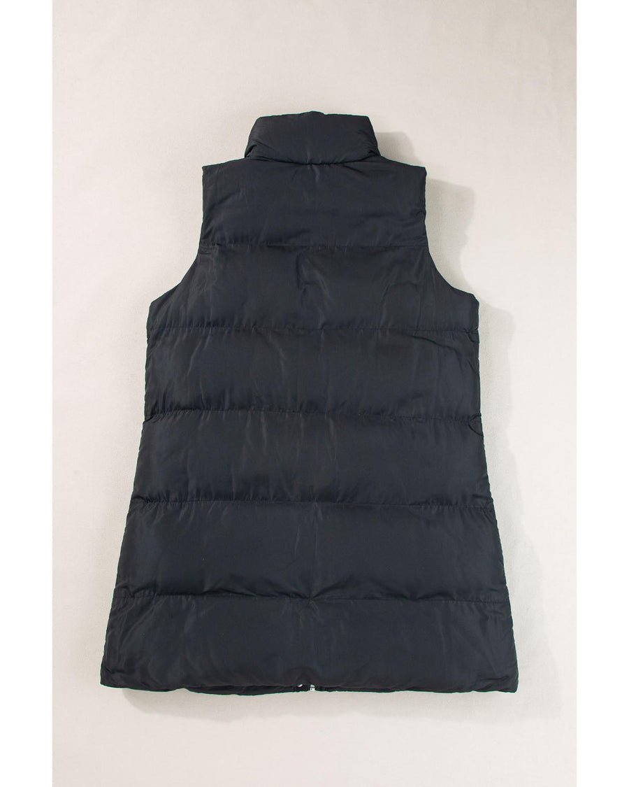 Black Windproof Longline Full Zipper Puffer Vest with Pockets - L