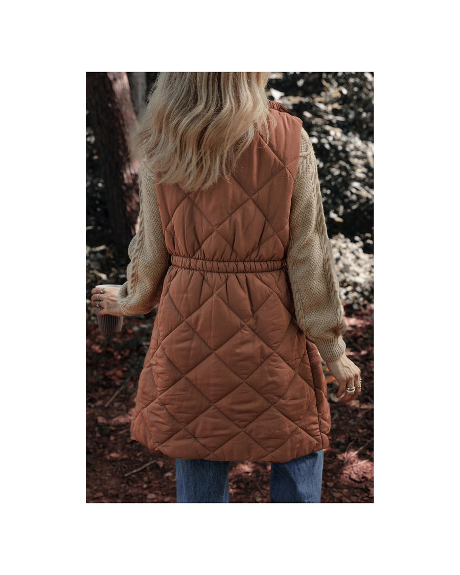 Coffee Longline Quilted Stand Collar Puffer Vest - L