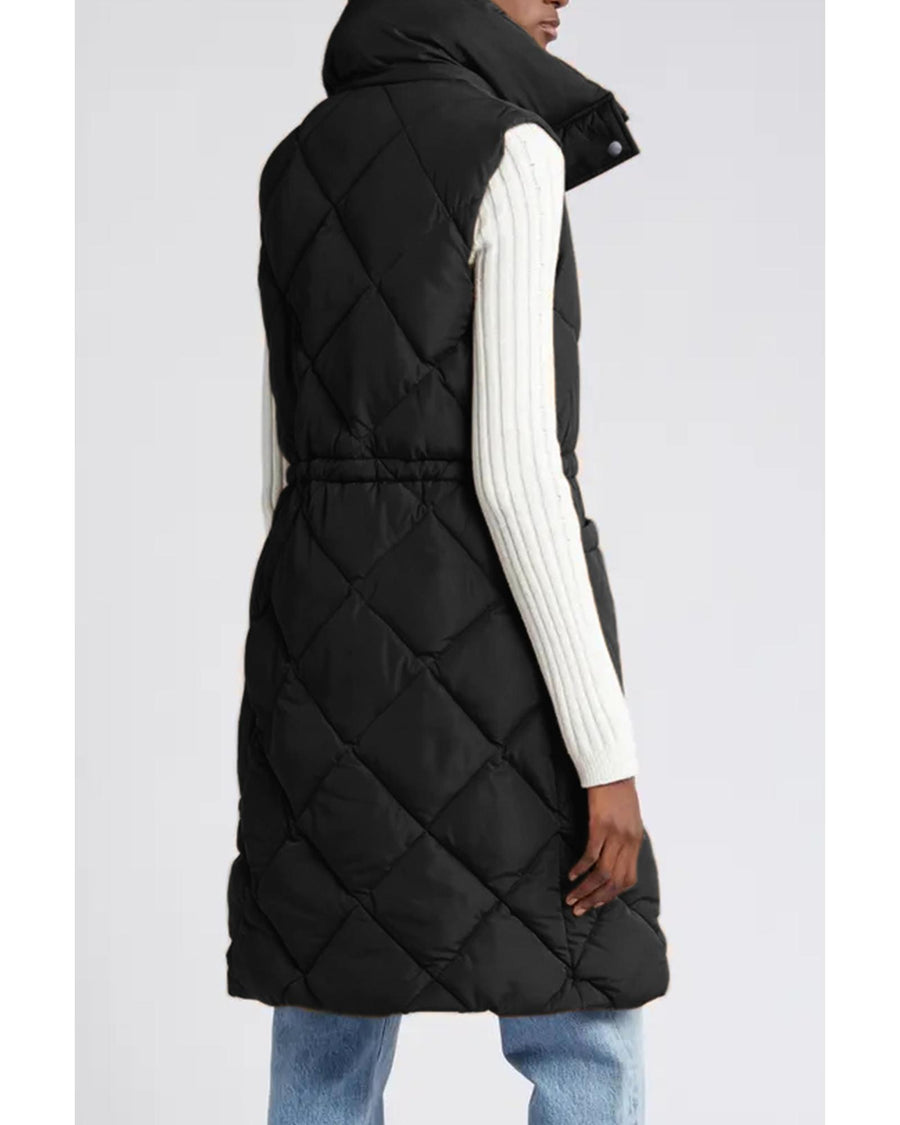 Black Longline Quilted Stand Collar Puffer Vest - M
