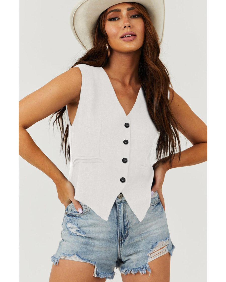 White Solid Color Button up V Neck Suit Vest - XL
