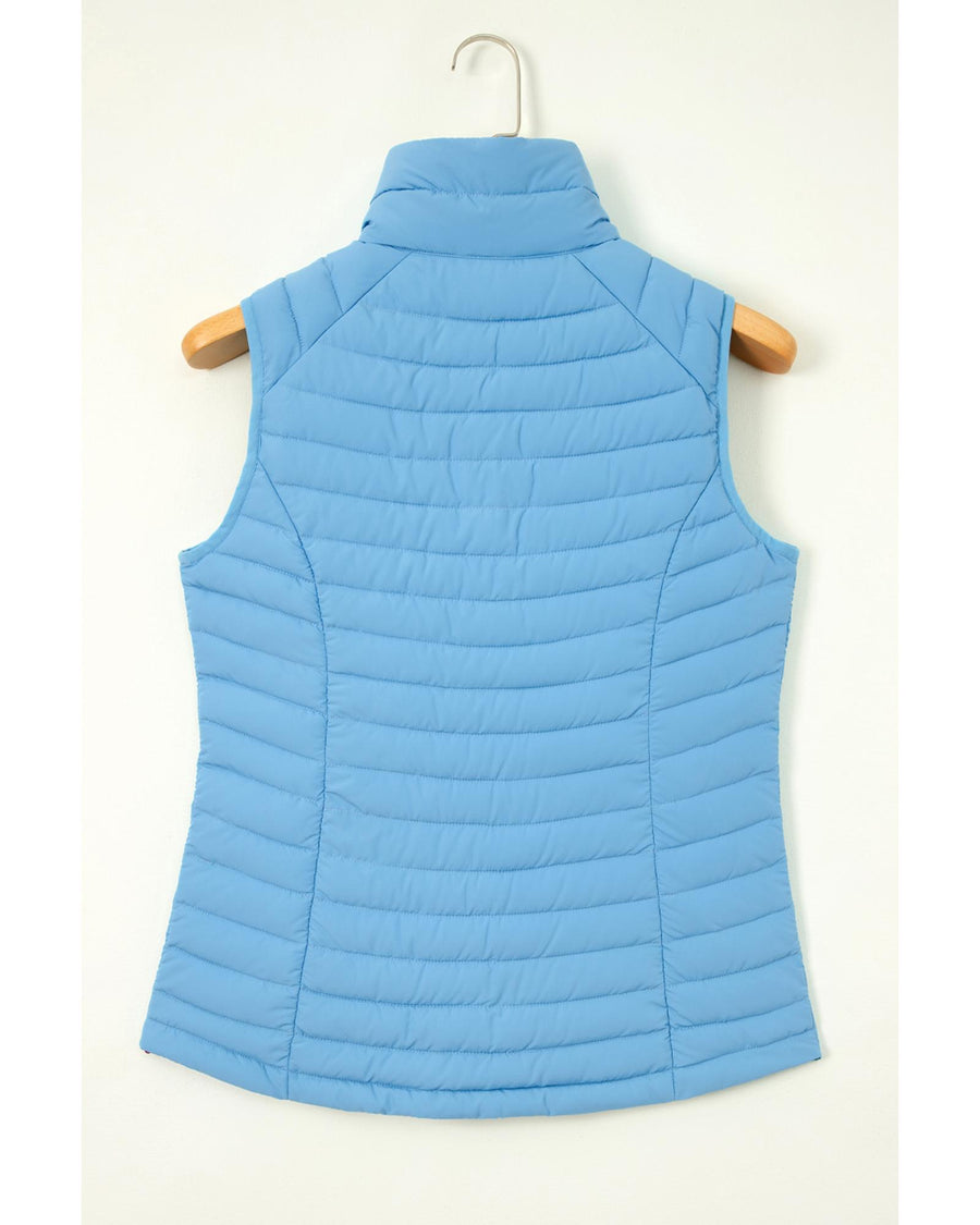 Sky Blue Plush Collared Quilted Zipped Puffer Vest - L