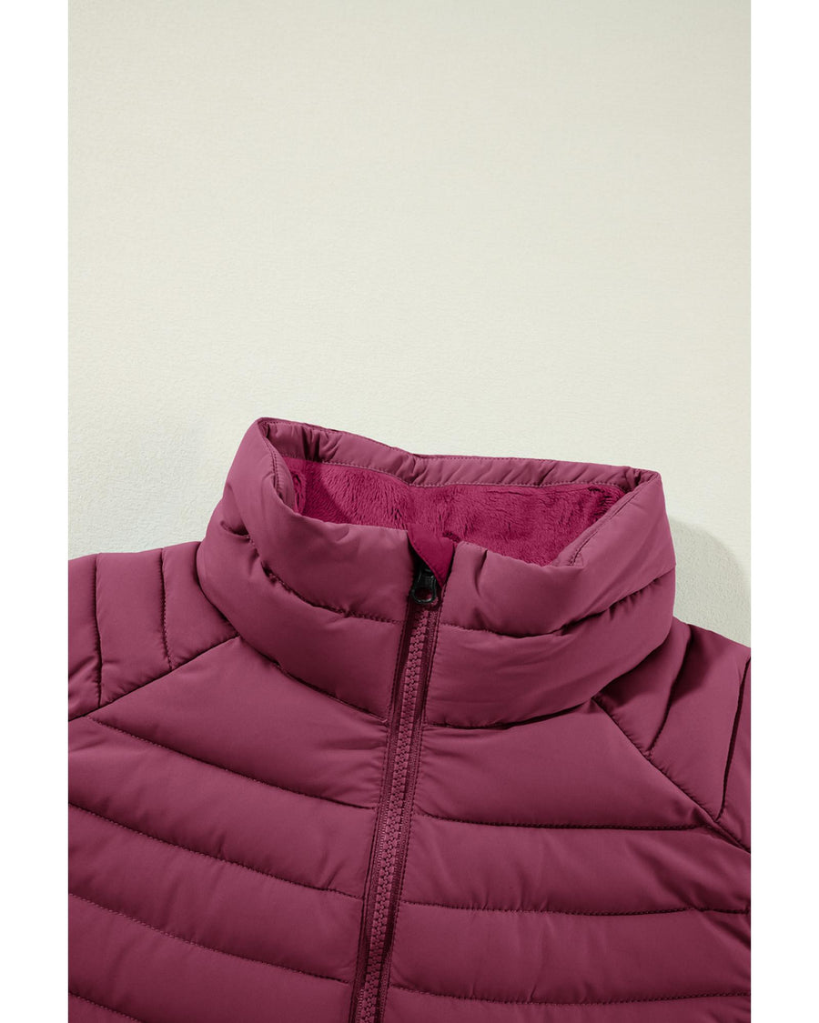 Burgundy Plush Collared Quilted Zipped Puffer Vest - M