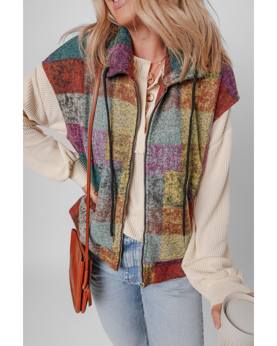 Multicolor Plaid Print Side Pockets Zipped Loose Vest - M