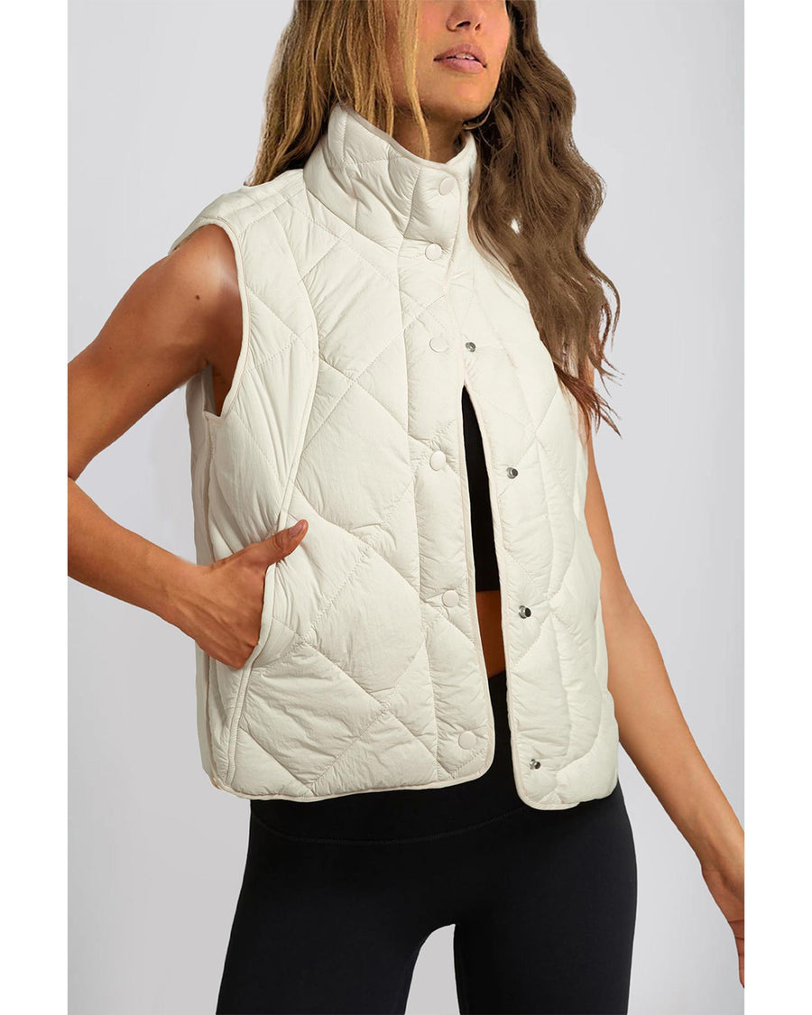 Beige Quilted High Neck Button Up Pocket Vest Coat - M