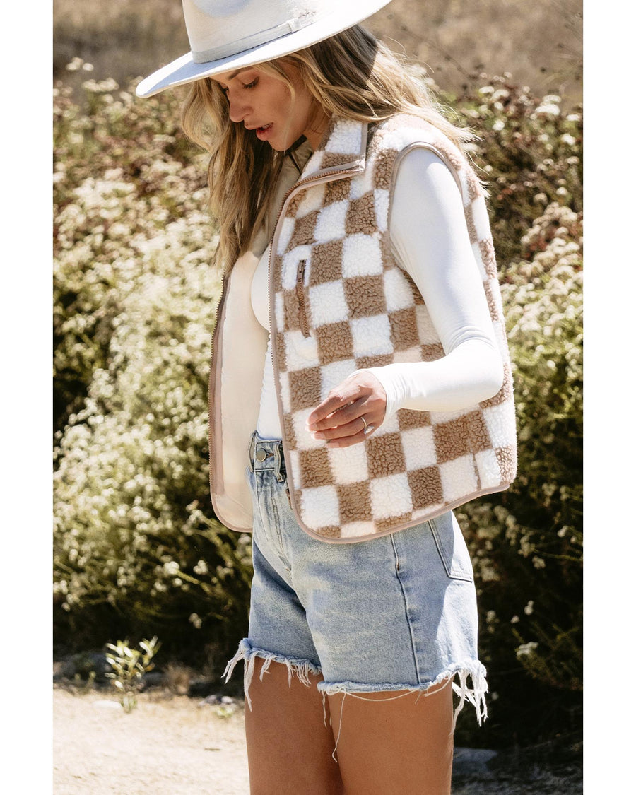 Khaki Checkered Sherpa Collared Jacket Vest - S