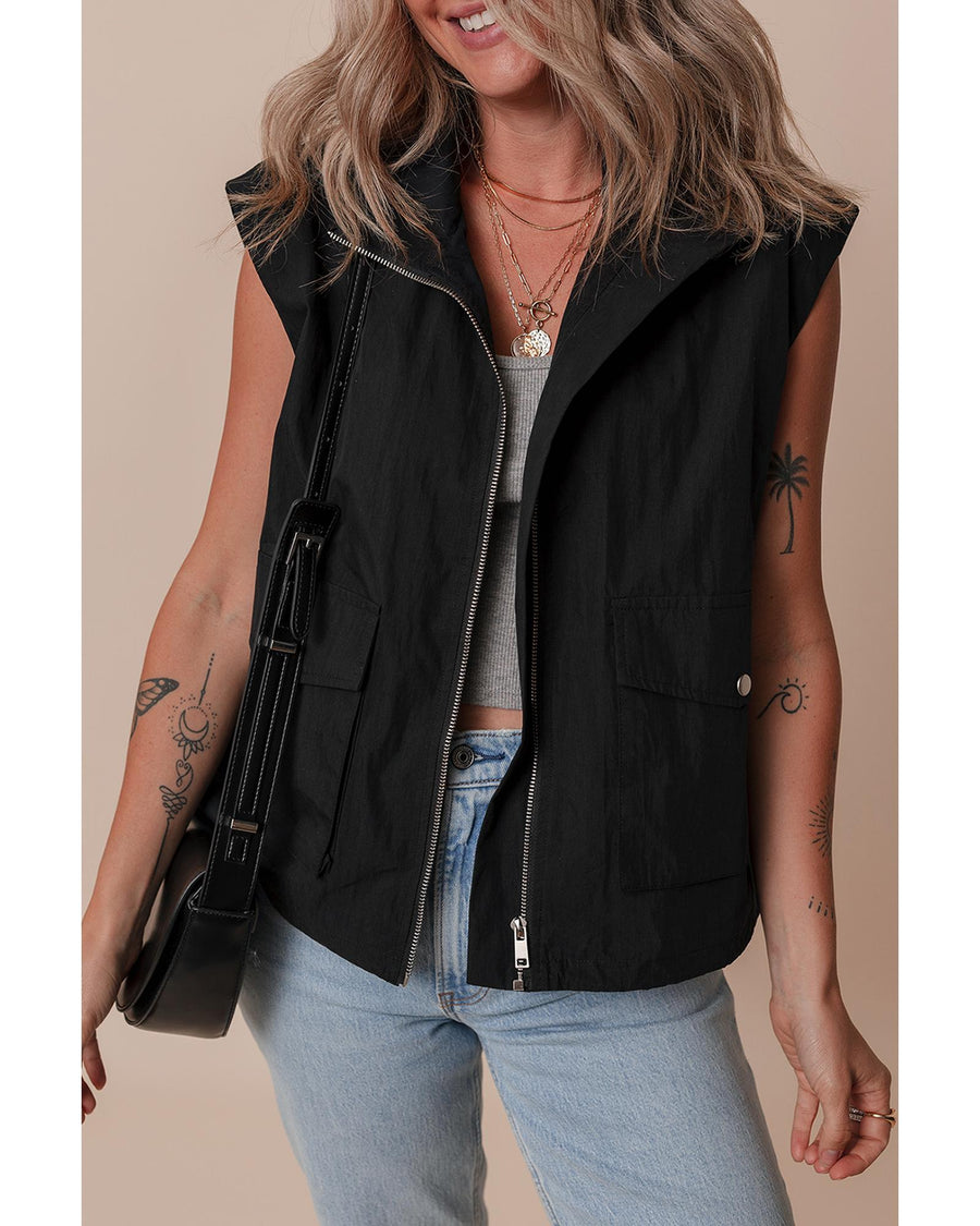 Black Flap Pockets Zip Up High Neck Vest - S