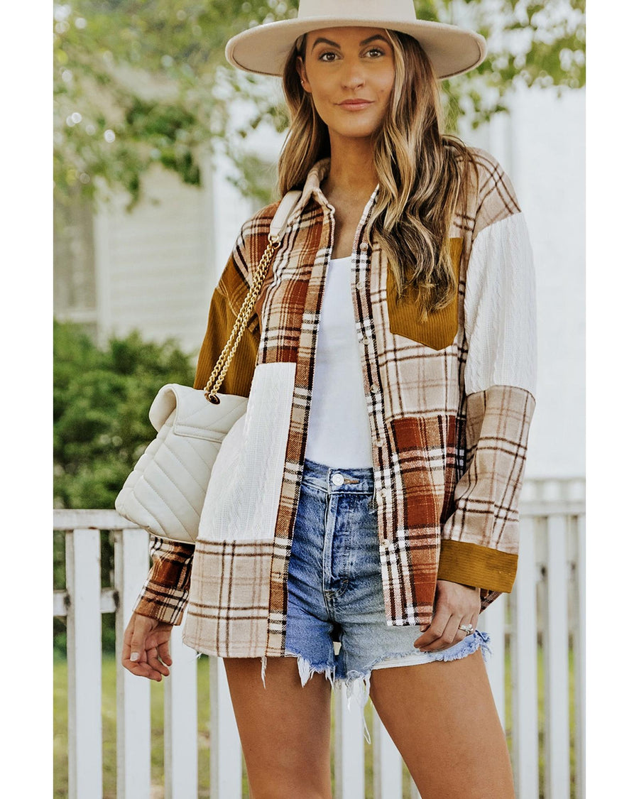 Orange Plaid Color Block Patchwork Shirt Jacket with Pocket - L
