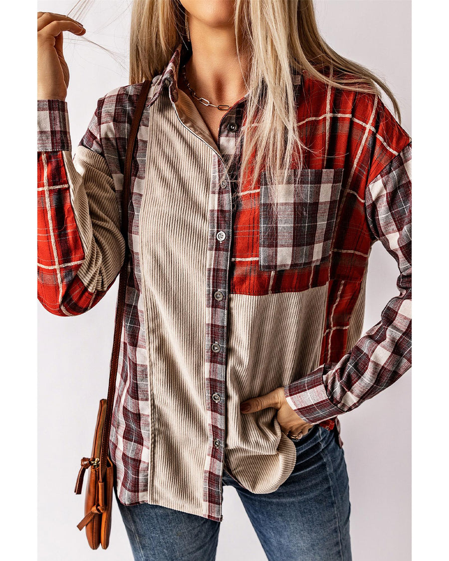 Plaid Corduroy Patchwork Shacket - L