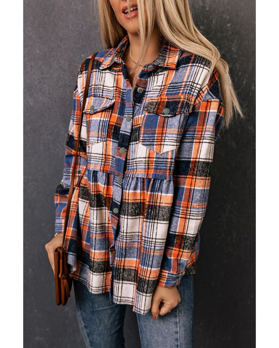 Multicolor Plaid Button Down Ruffled Shirt Jacket - XL