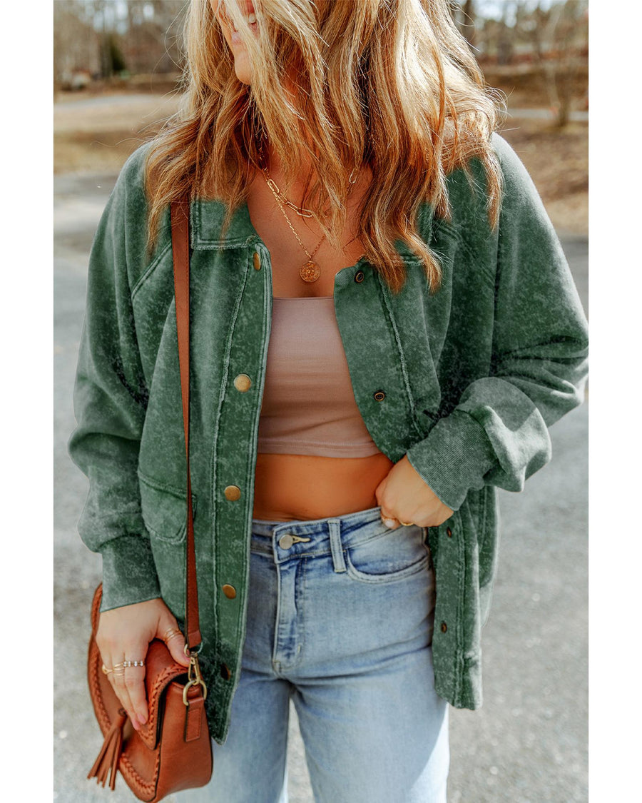 Green Vintage Washed Flap Pocket Button Shacket - S