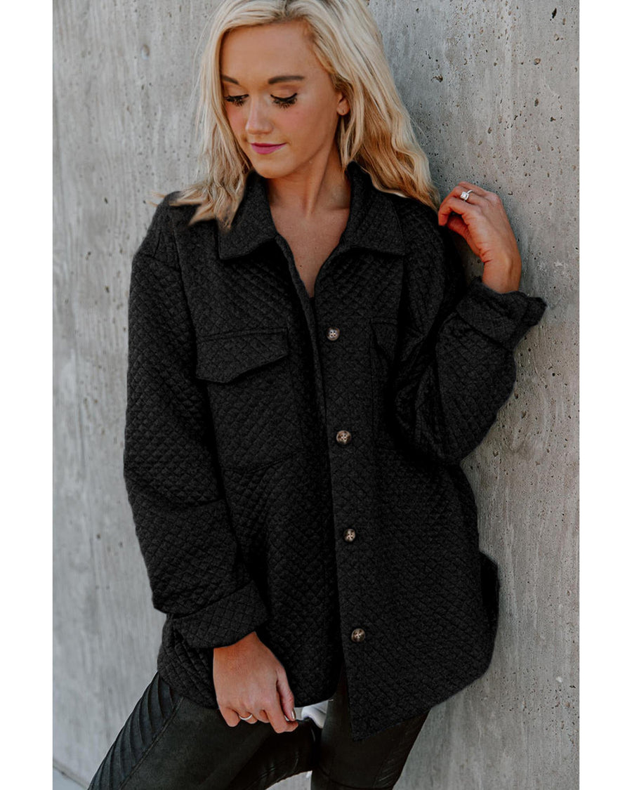 Black Retro Quilted Flap Pocket Button Shacket - XL