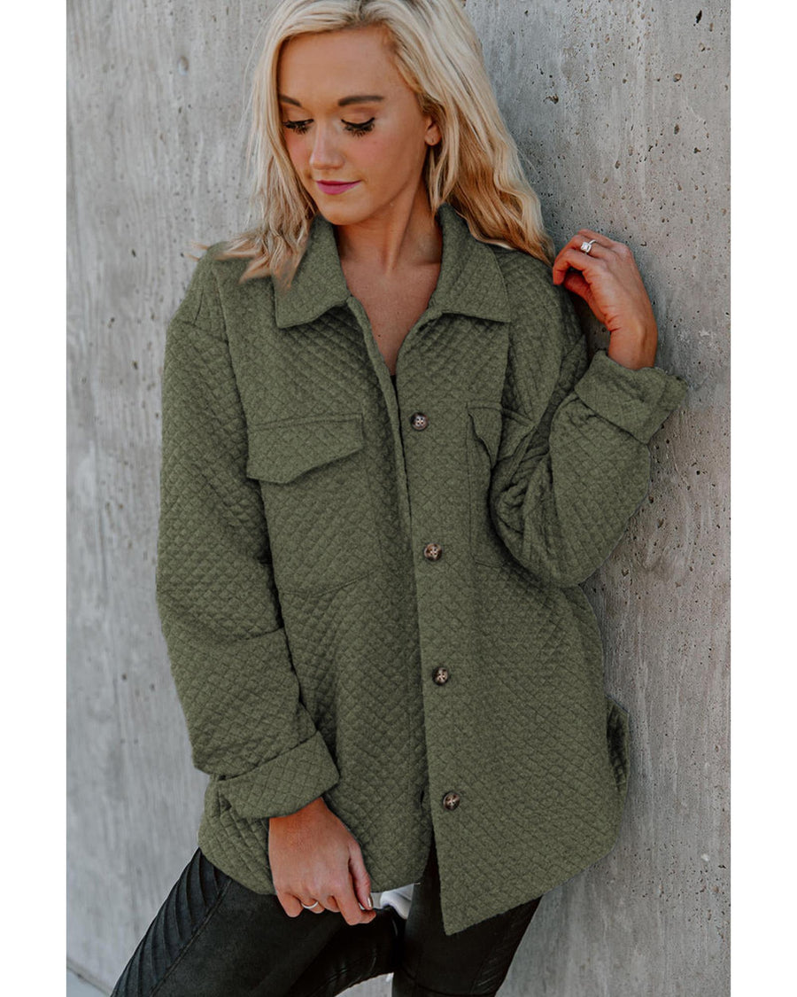 Green Retro Quilted Flap Pocket Button Shacket - L