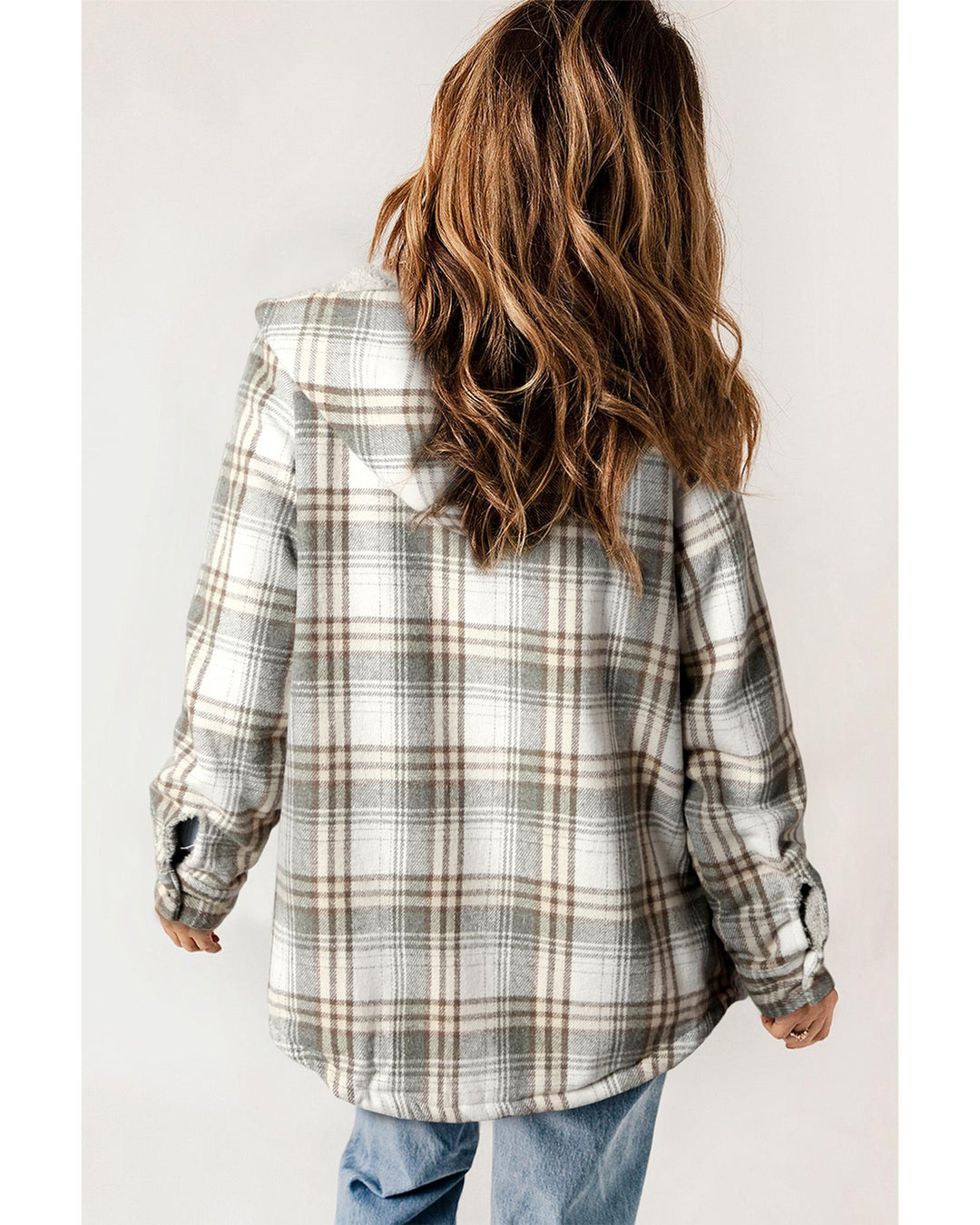 Gray Plaid Pattern Sherpa Lined Hooded Shacket - S