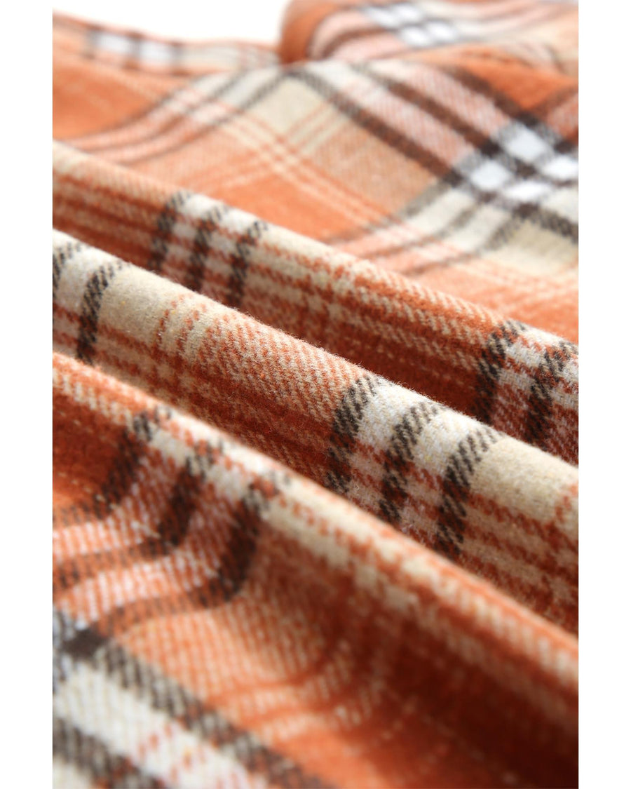 Orange Plaid Pattern Sherpa Lined Hooded Shacket - S