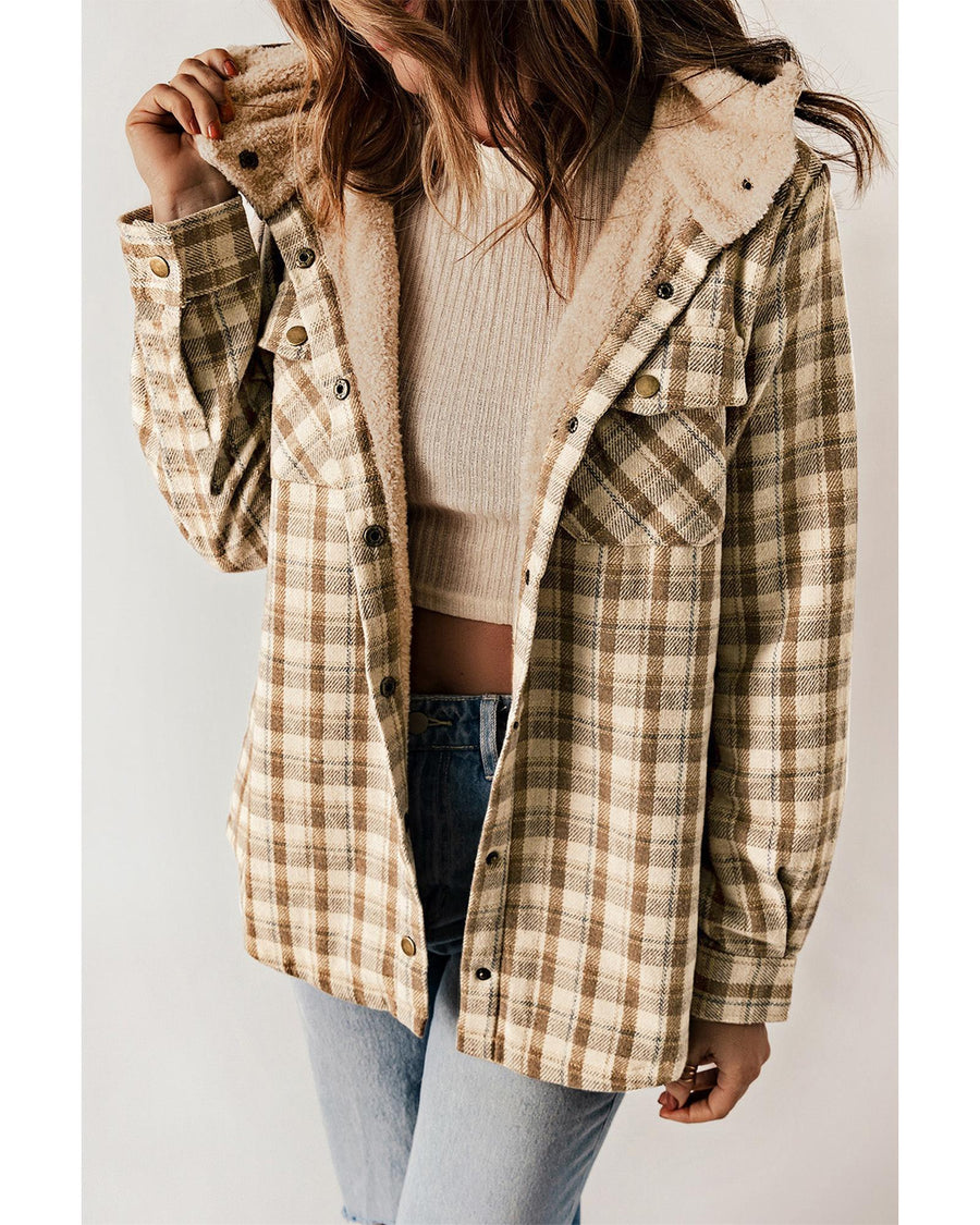Khaki Plaid Pattern Sherpa Lined Hooded Shacket - S