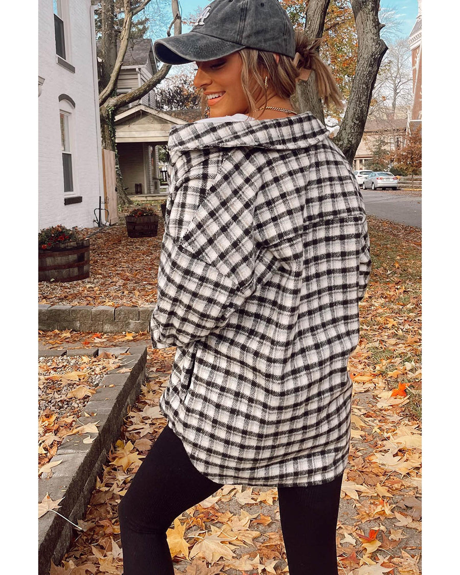Black Plaid Print Chest Pockets Buttoned Tunic Shacket - XL