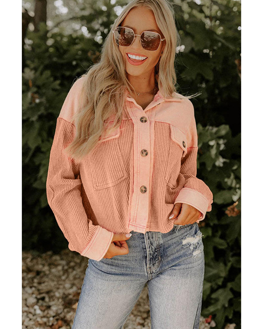 Orange Textured Waffle Knit Chest Pockets Cropped Shacket - S
