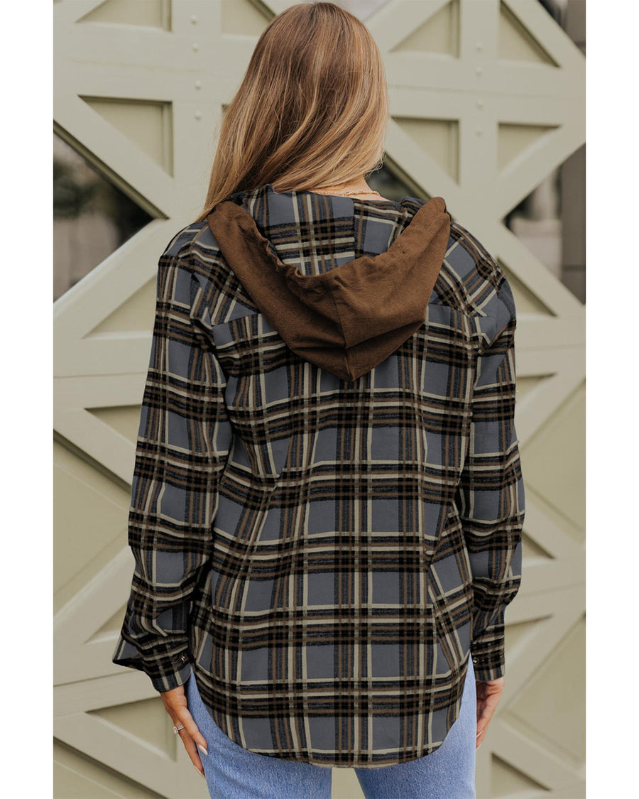 Contrast Hooded Drawstring Plaid Shacket - M
