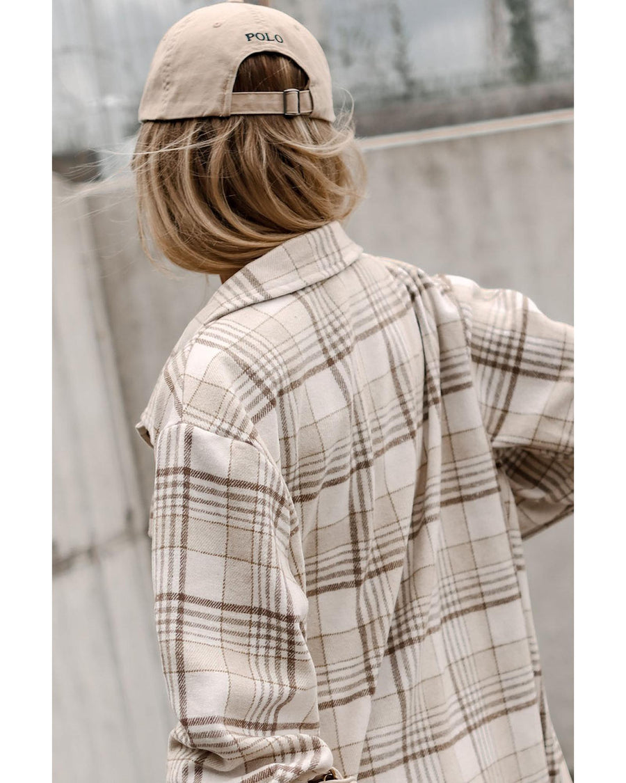 Khaki Plaid Removable Hood Buttoned Shacket - M