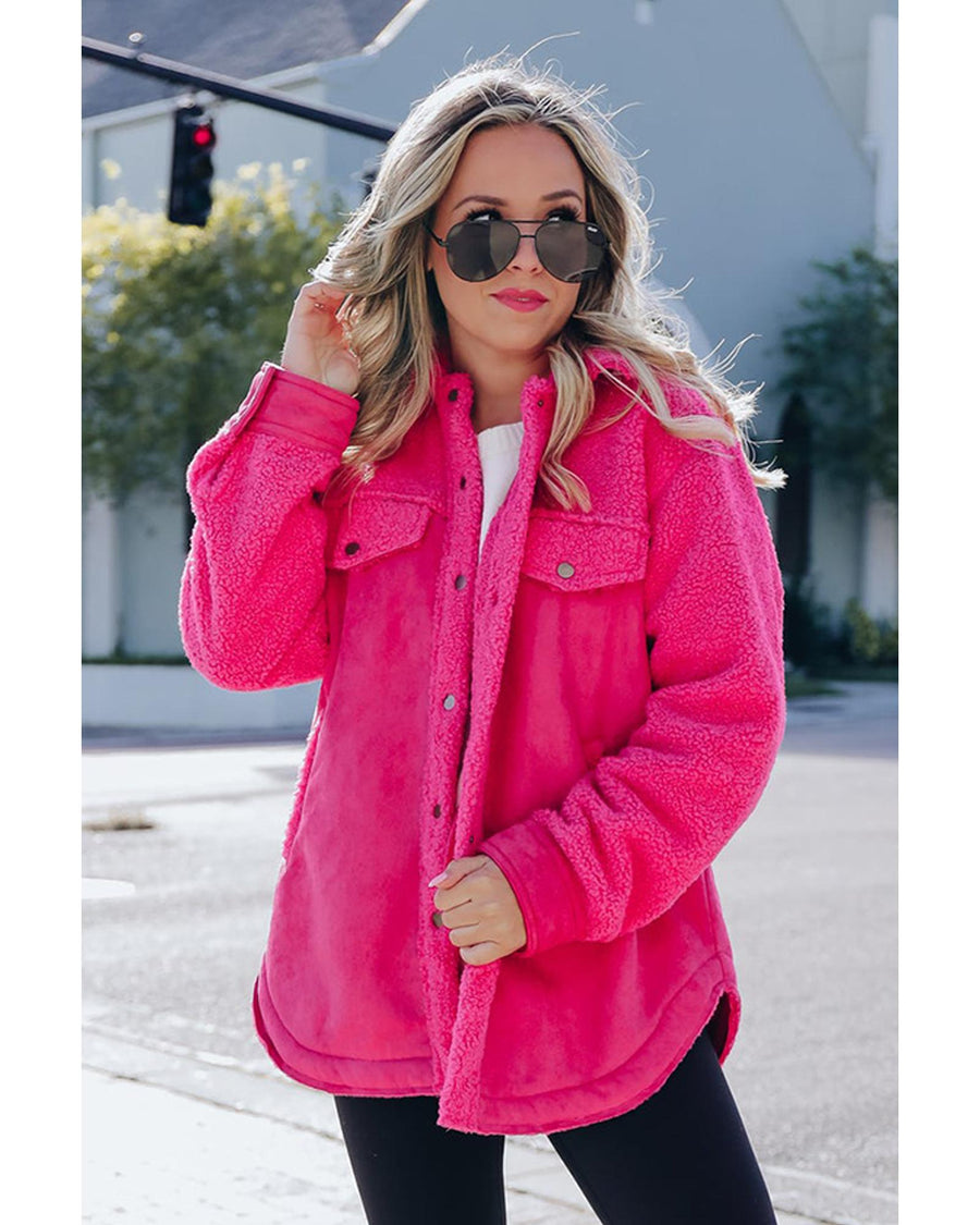 Dark Pink Faux Suede Sherpa Patchwork Button-up Shacket - M