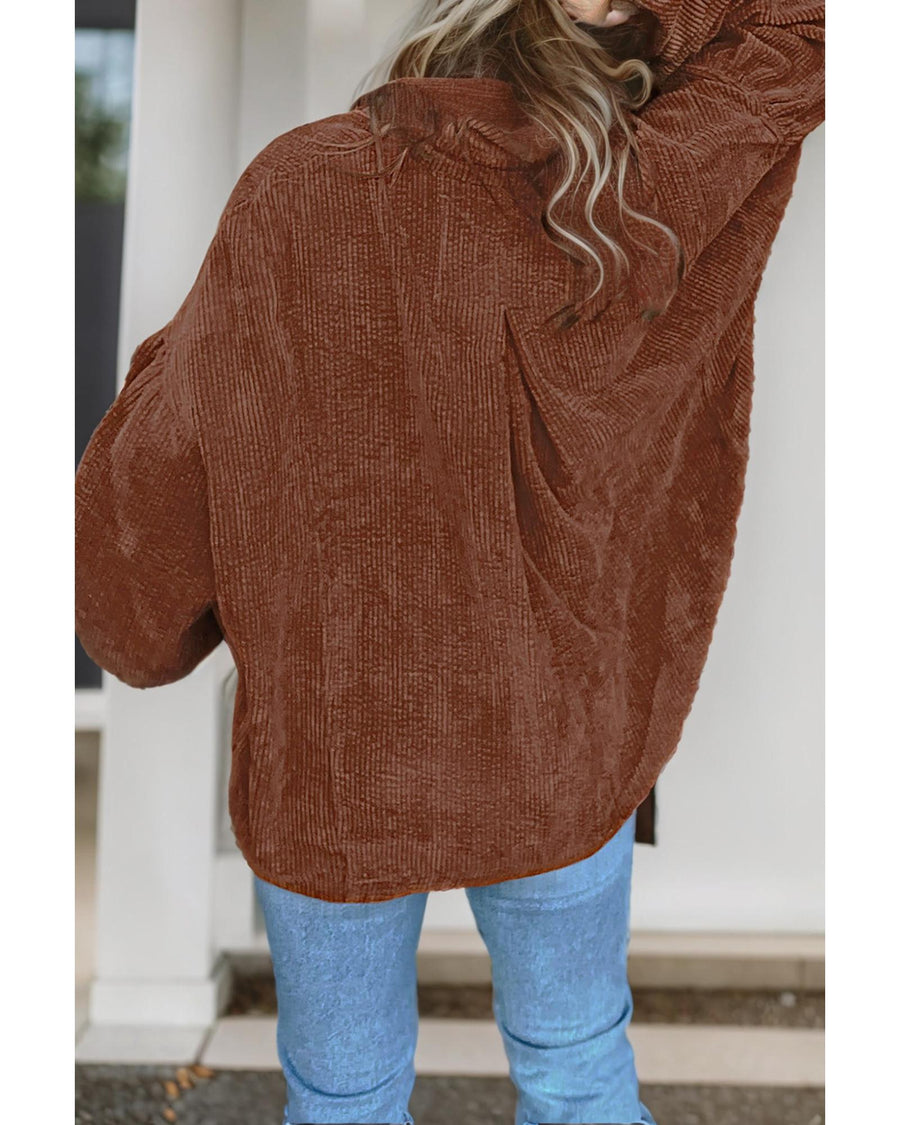 Coffee Textured Corduroy Puff Sleeve Shacket - L