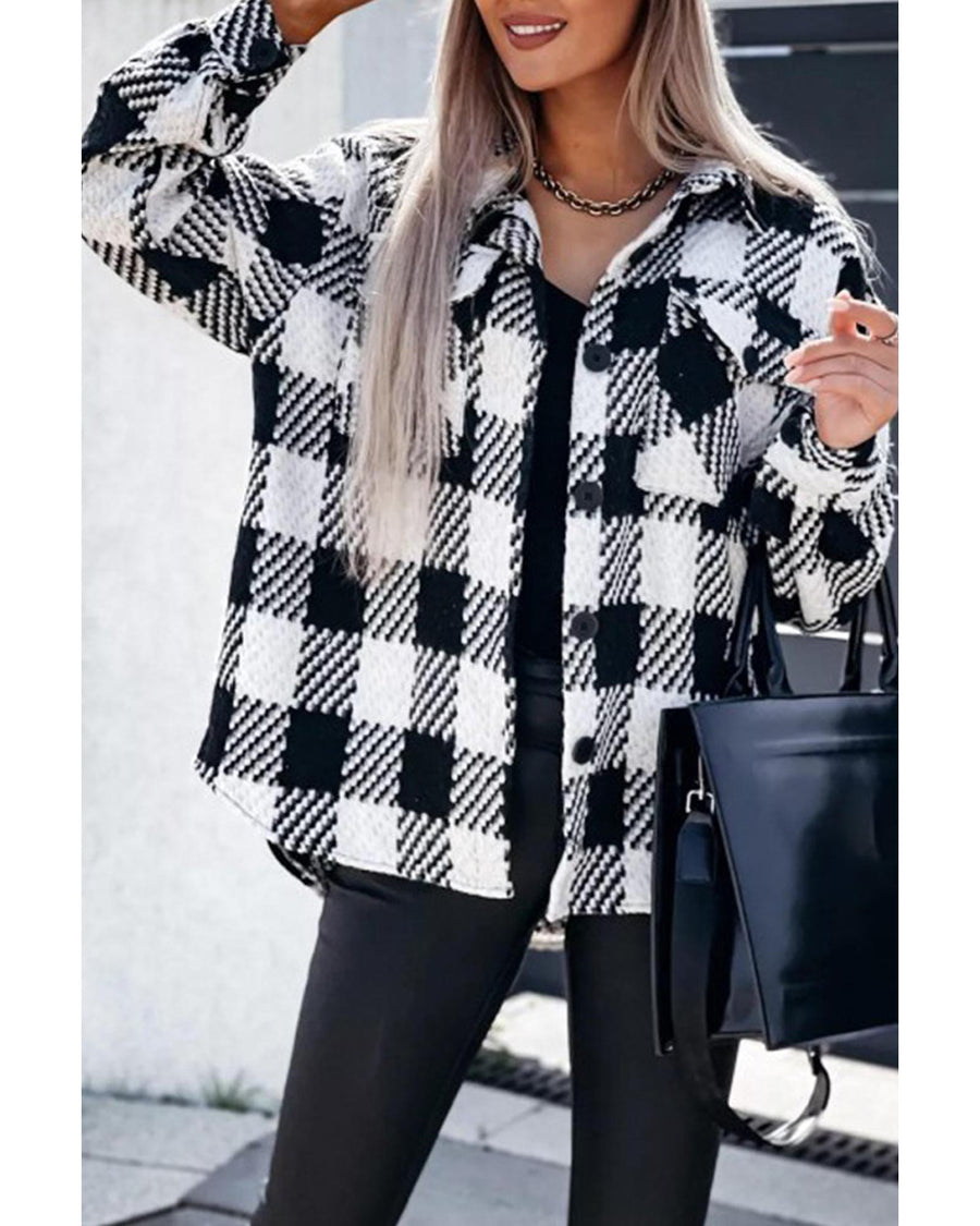 Black Plaid Textured Flap Pocket Shacket - L