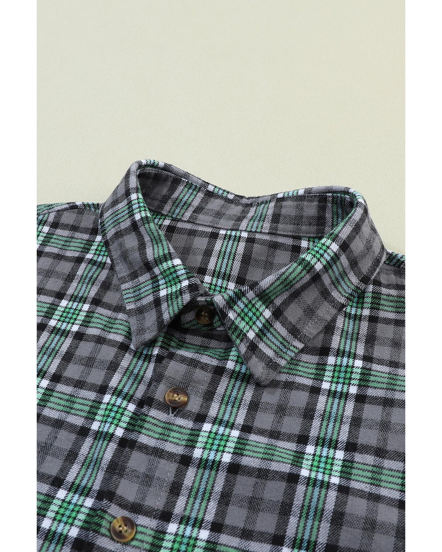 Blackish Green Contrast Plaid Patchwork Chest Pocket Button up Shacket - XL