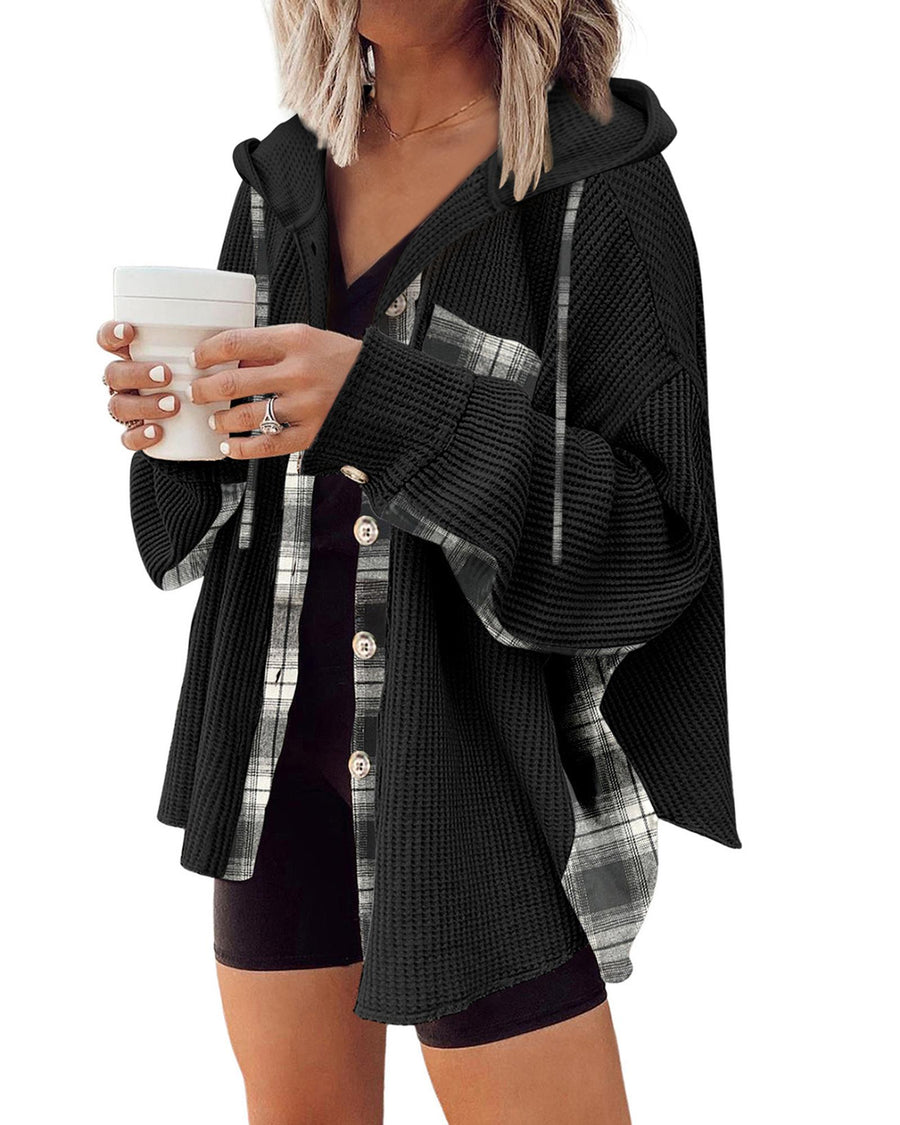 Black Waffle Knit Plaid Patchwork Drawstring Hooded Shacket - XL