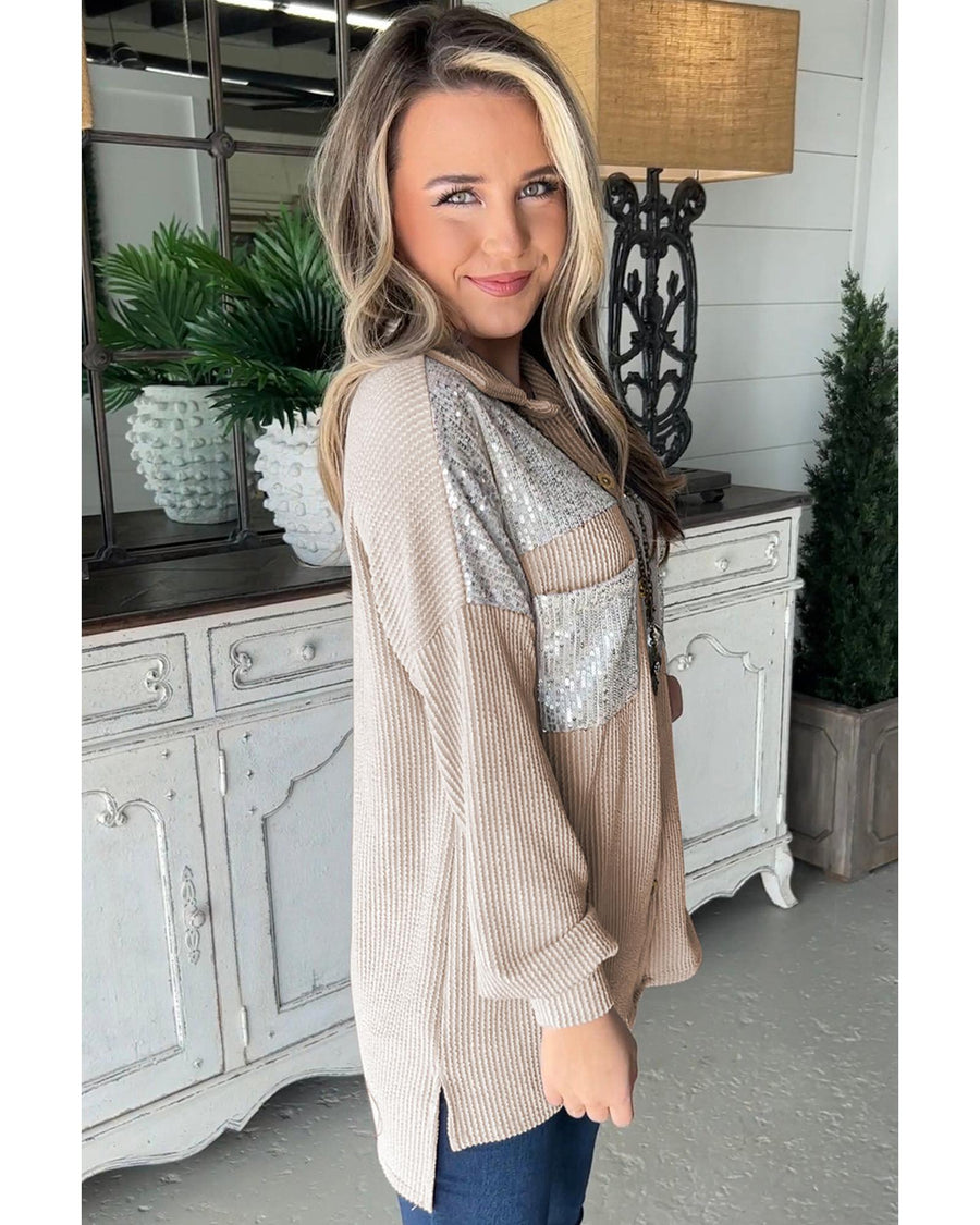 Parchment Sequin Patch Chest Pocket Corded Shacket - L