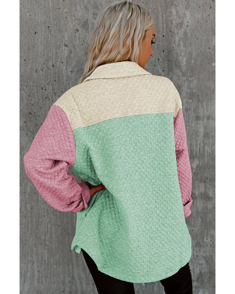 Green Color Block Patchwork Flap Pocket Quilted Shacket - M