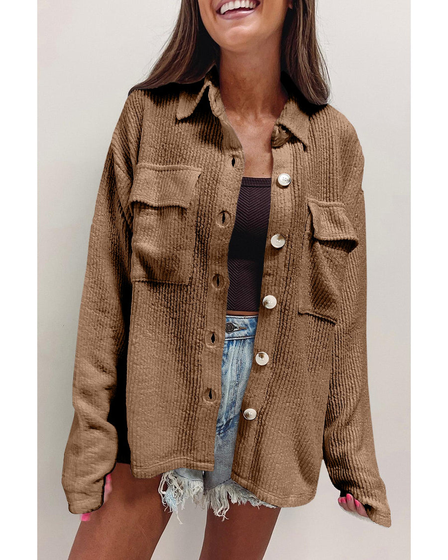 Dark Khaki Solid Color Corduroy Buttoned Long Sleeve Shacket - S