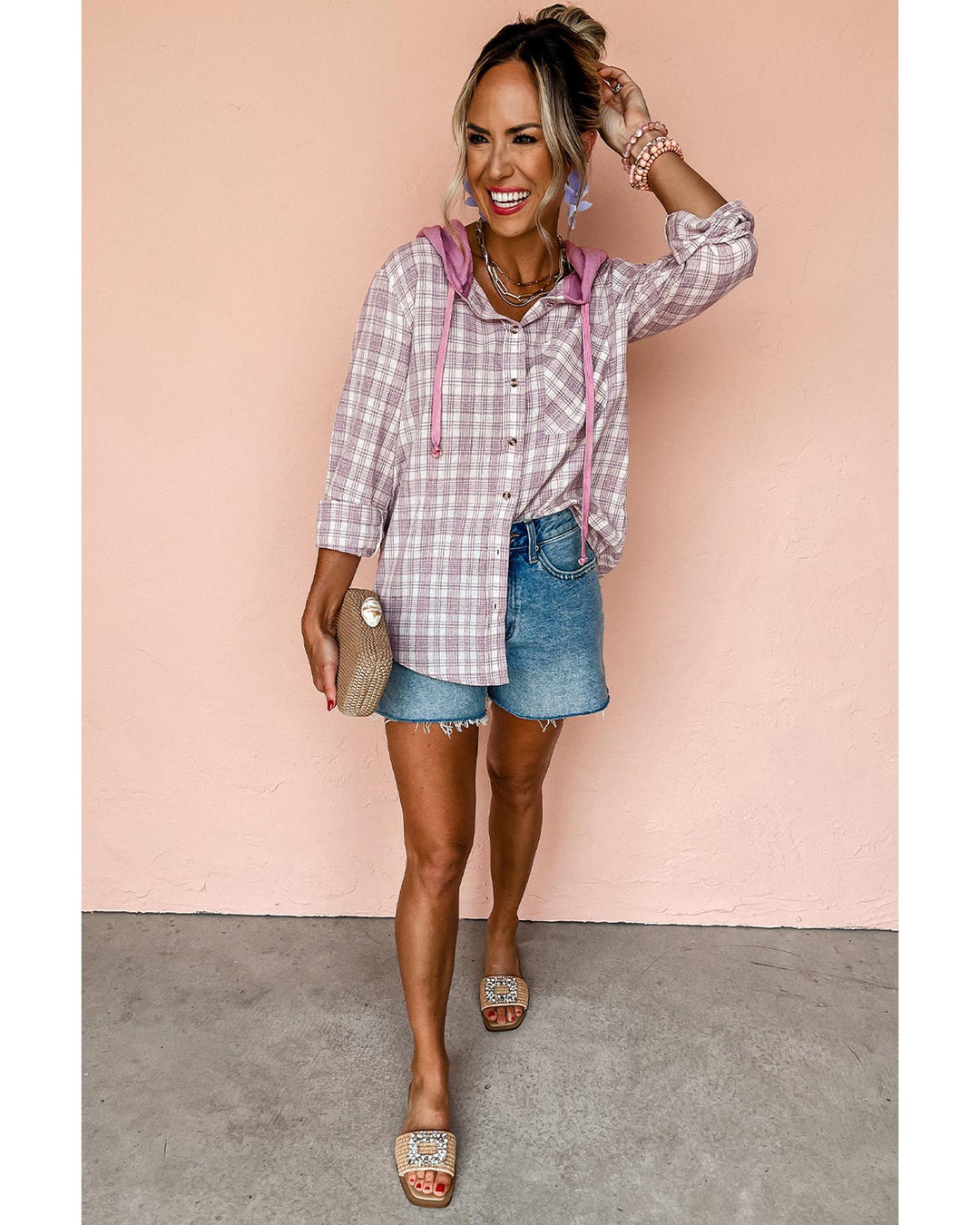 Pink Checkered Print Loose Fit Buttoned Hooded Shacket - XL